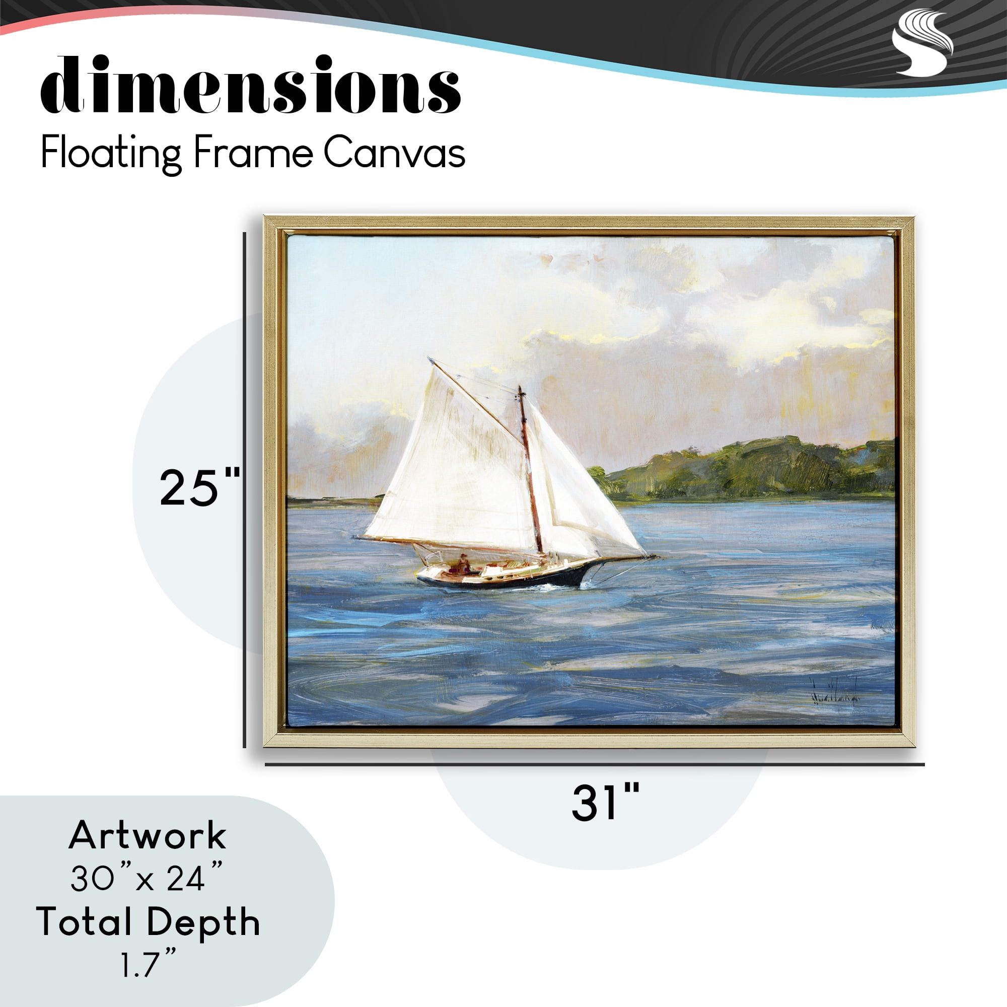 Stupell Industries White Sailboat on Calm Blue Sea Gold Framed Floater Canvas Wall Art, design by Katie Swatland