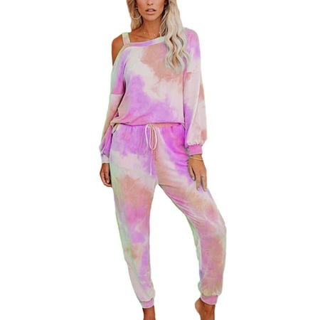 

Avamo Ladies Nightwear Long Sleeve Loungwear Tie Dye Sleepwear Women Slash Neck Pajamas Sleep Lounge Sets Light Brown XL