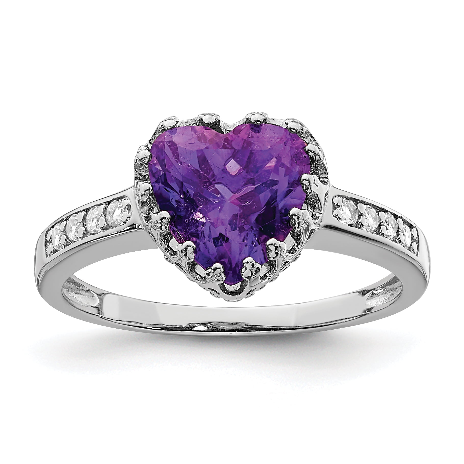 Sterling Silver Rhodium-plated Polished Heart Amethyst & Cubic Zirconia ...