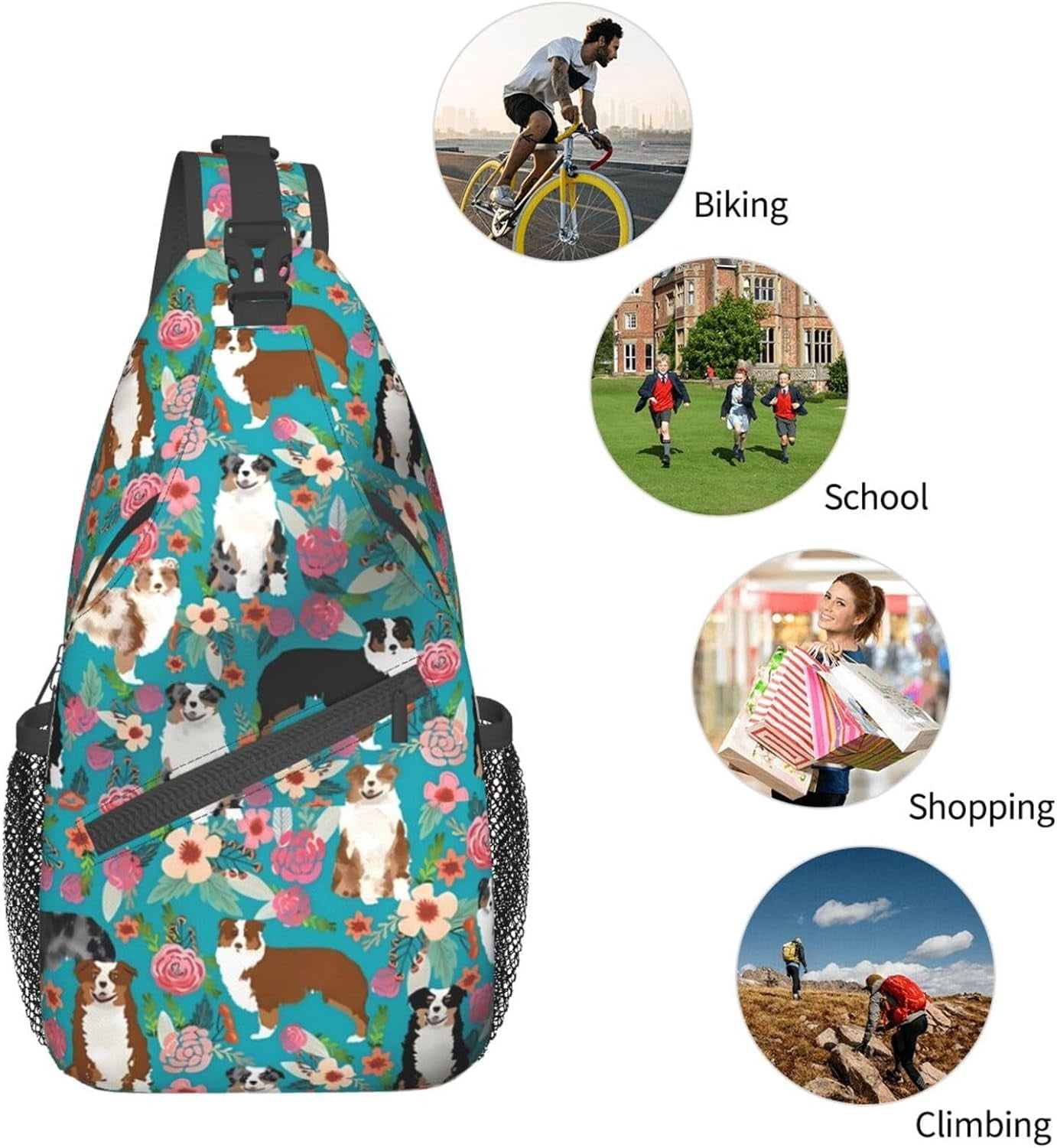 Australian Shepherd Dogs Pattern Sling Bag Crossbody Hiking Travel Chest Bags Backpack Shoulder Daypack for Women Men