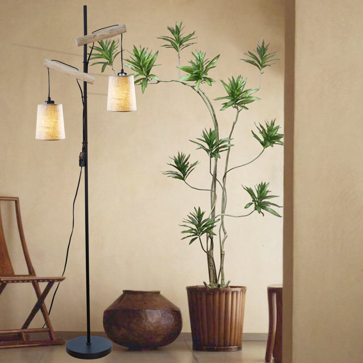 Hanging 2 Lights Floor Lamp Rustic Farmhouse Tall Standing Lamps with Double Fabric Lampshade Floor Lamps for Living Room Bedroom Office Home Lighting Decor.