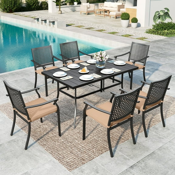 Summit Living 7-Piece Outdoor Patio Dining Set, Metal Steel Stackable Chairs with Cushions & Rectangle Table with Umbrella Hole, Black & Brown