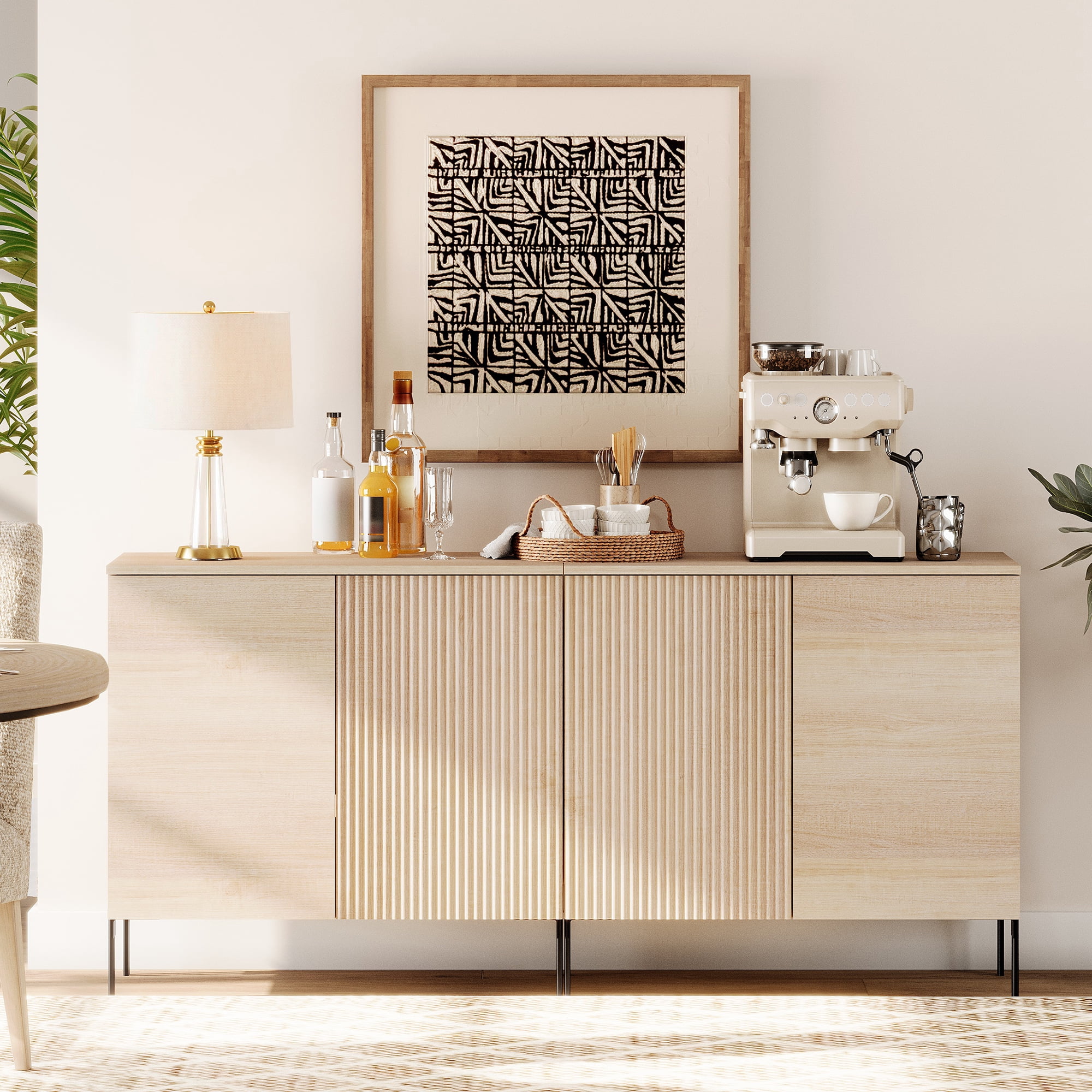 63" Wooden 4 Doors Sideboard with Reeded Design, 2-In-1 Modern Credenza Storage Cabinet for Kitchen, Dining Room