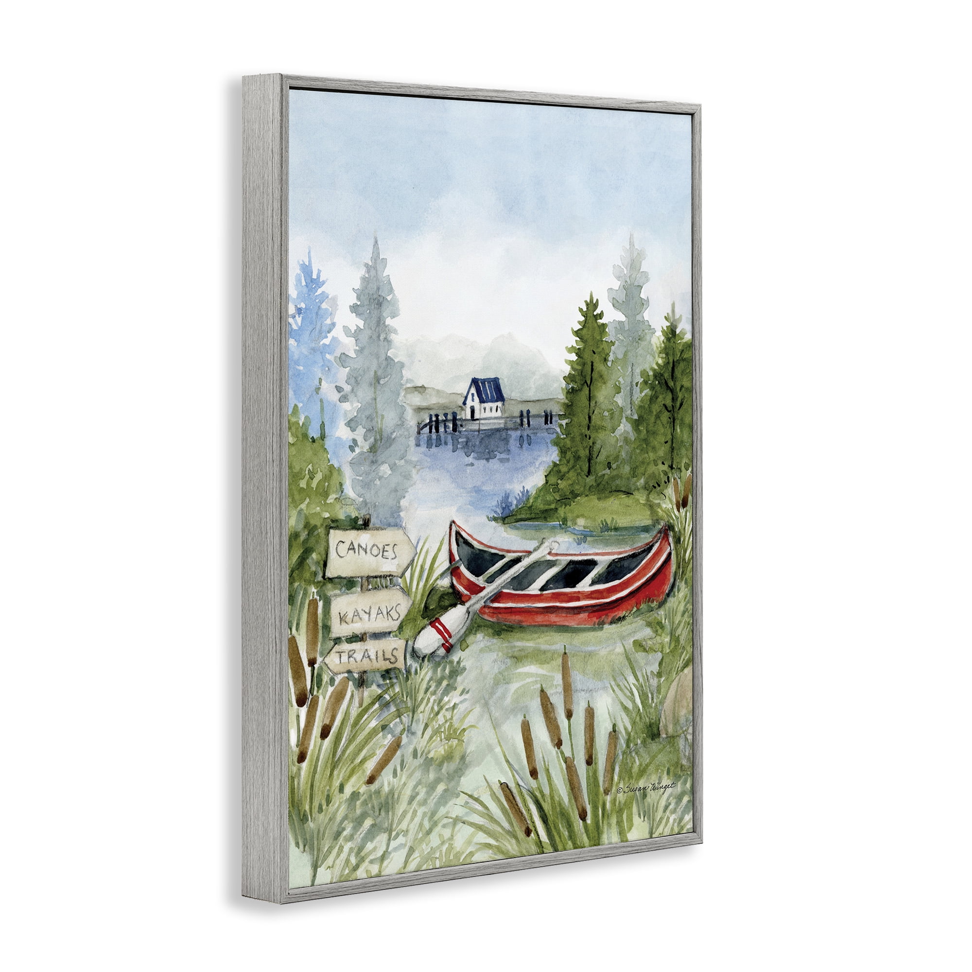 Stupell Industries Canoe On Lake Gray Framed Giclee Art, design by Susan Winget