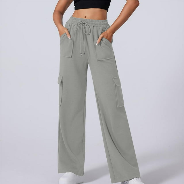 Leodye Women's Elastic Waist Drawstring Loose Wide Leg Multiple Pockets High Waisted Work Cargo Gray 4(S)