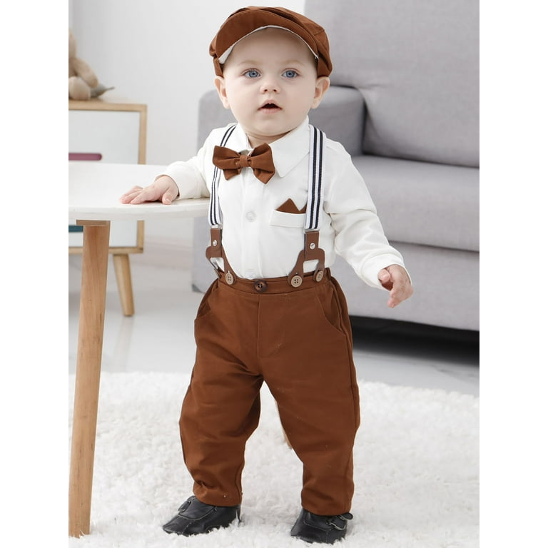 Baby boy outfit with suspenders and hat cheap