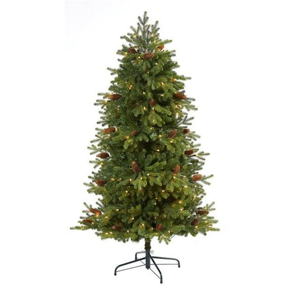 5.5 in. Yukon Mountain Fir Artificial Christmas Tree with 250 Clear Lights, Pine Cones & 800 Bendable Branches