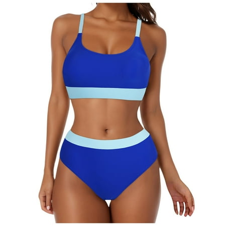 GEWSEY Women Bikini Sets High Waisted Bathing Suit - Sporty Two Piece Swimsuit Tummy Control Cheeky Modest Ribbed Neon Bikini Blue  XL