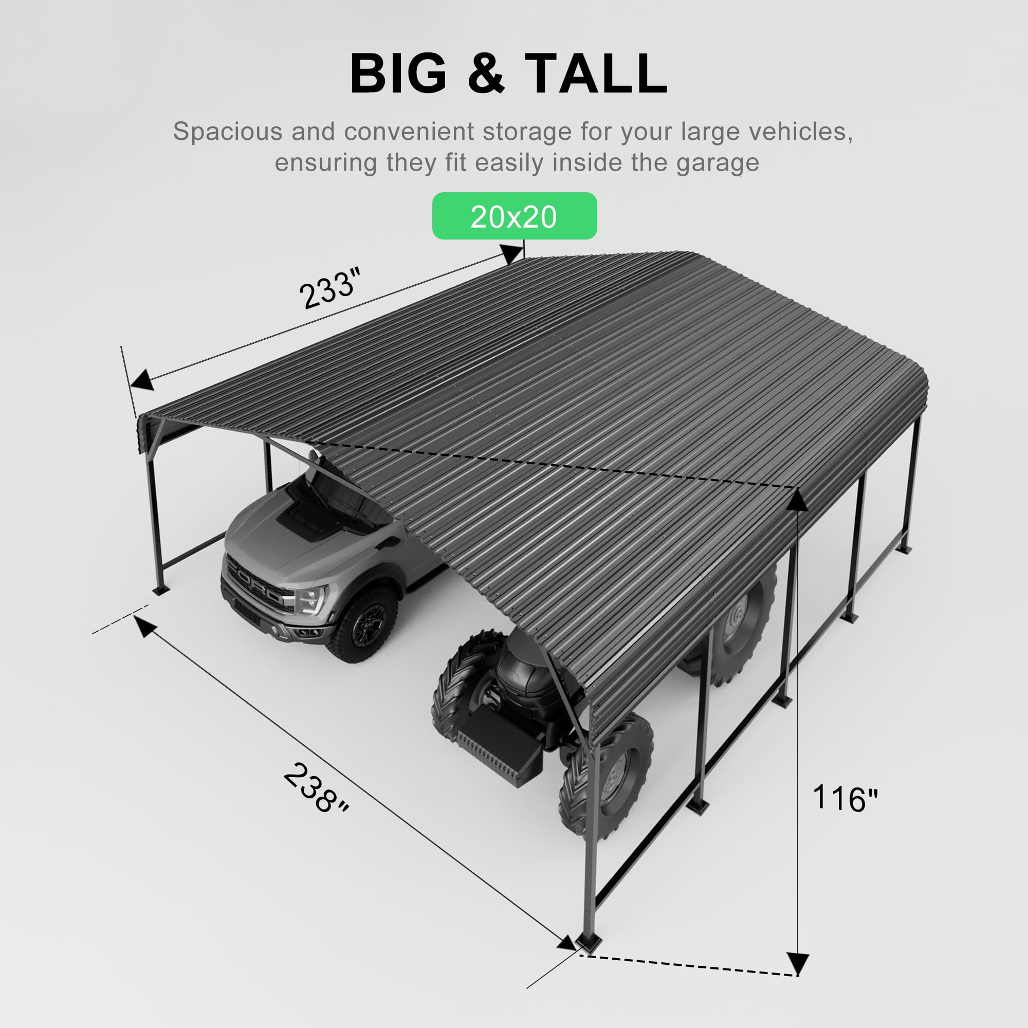 PABIMIA 20x20 FT Heavy-Duty Galvanized Steel Carport, Outdoor Metal Shelter for Cars, Trucks & Equipment, Black