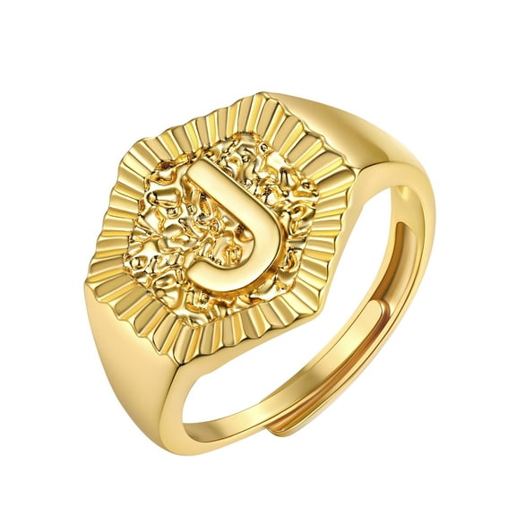 FOCALOOK Gold Plated Initial Ring for Women Adjustable Open Stackable Statement Knuckle Ring Chunky Alphabet Letter J Finger Ring
