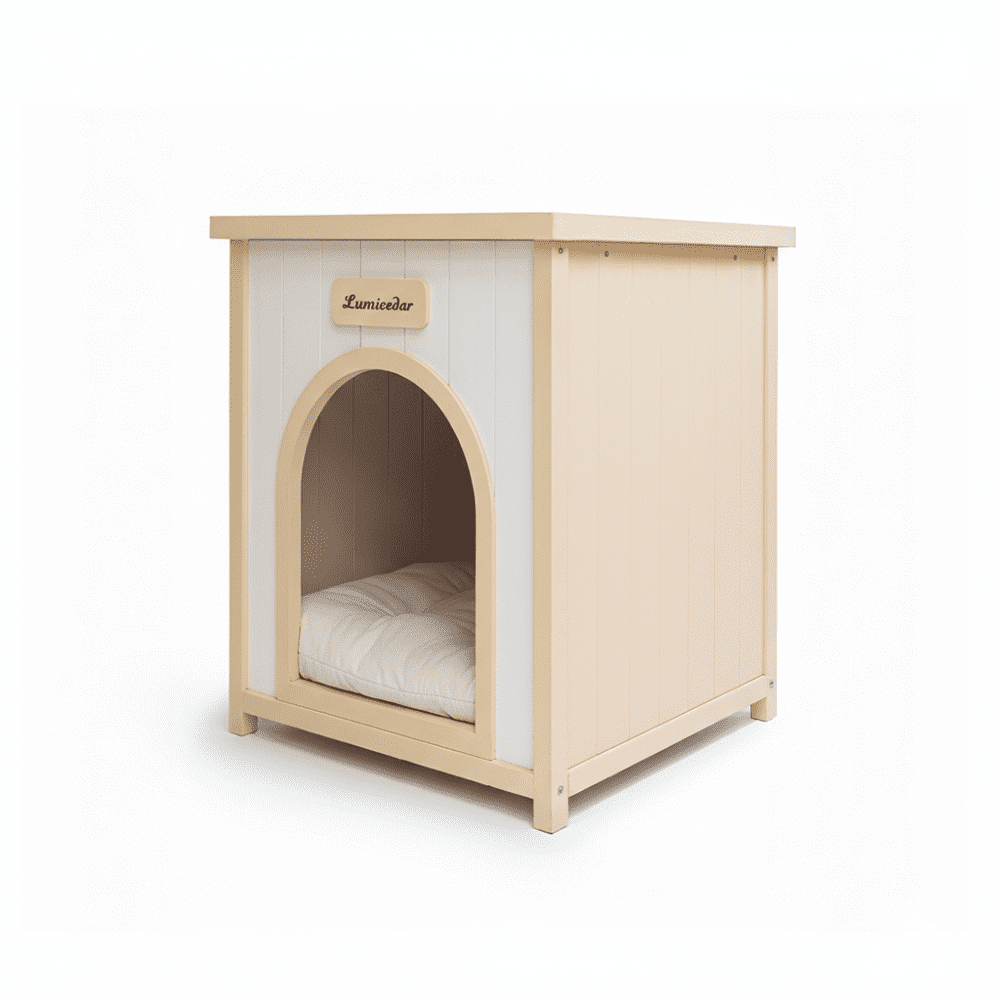 Homy Casa 23.6'' Solid Cedar Wood Pet House with Cushion, Indoor Outdoor Cat & Small Dog Shelter, Natural White