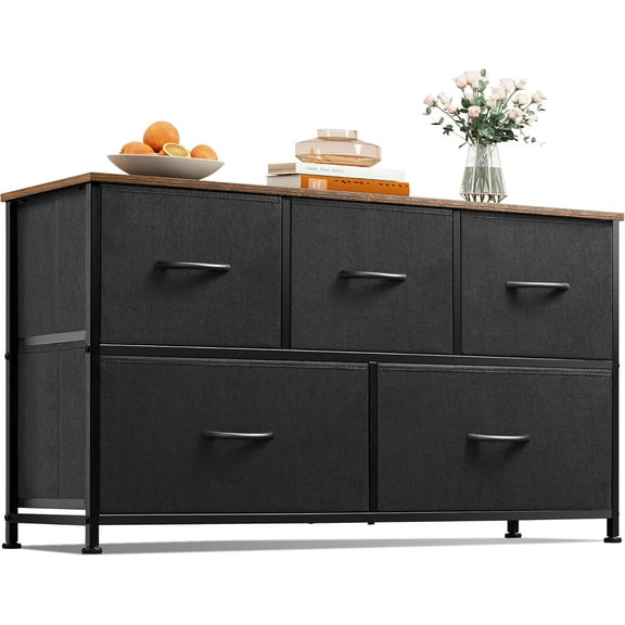 Dresser for Bedroom with 5 Drawers, Wide Chest of Drawers, Fabric Dresser, Storage Organizer Unit with Fabric Bins for Closet, Living Room, Hallway, Dark Grey