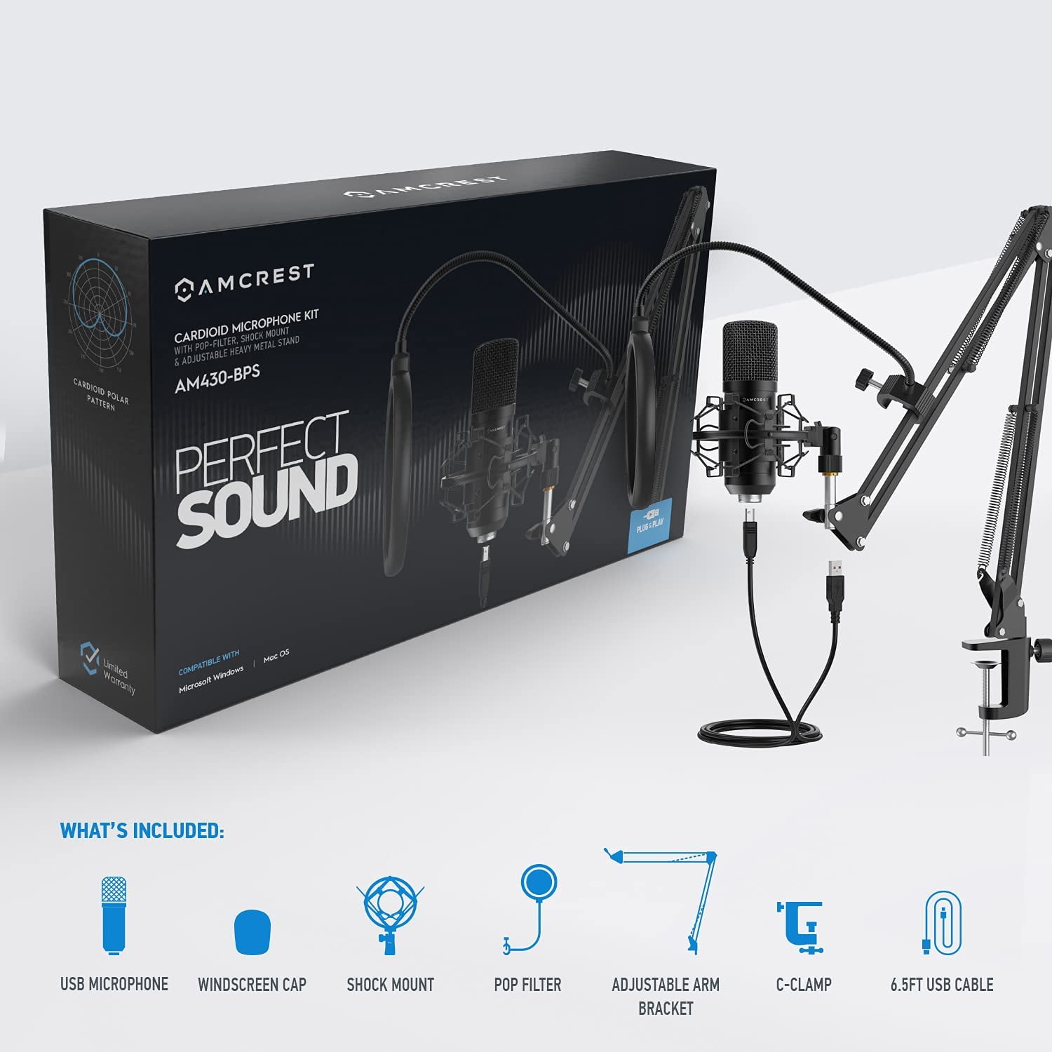 Amcrest USB Microphone for Voice Recordings, Podcasts, Gaming, Online Conferences, Live Streaming, Cardioid Microphone with Boom Arm, Pop-Filter, Shock Mount, AM430-BPS