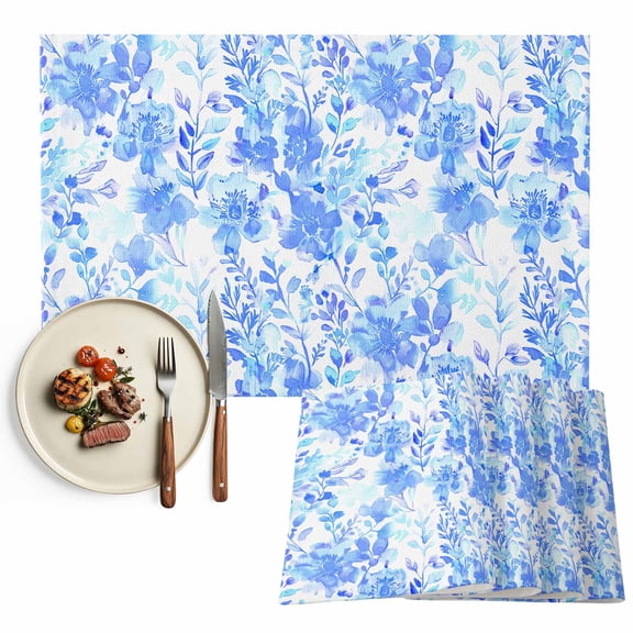 Placemats Set of 4, Watercolor Blue Flower Place Mats Floral Plant Tablemats Washable Placemat Table Decoration for Kitchen Table Dinner Party Home Decor Indoor Outdoor 13x19 Inch