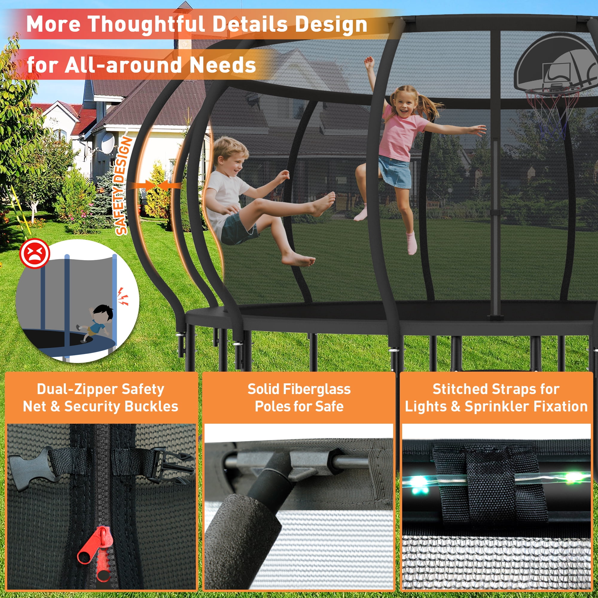 WOWLAND 16FT Trampoline for Adults and Kids 1500LBS Weight Capacity, Heavy Duty Outdoor Trampolines with Enclosure Net and Wind Stakes, Kids Trampoline with Basketball Hoop and Lights, Birthday Gift