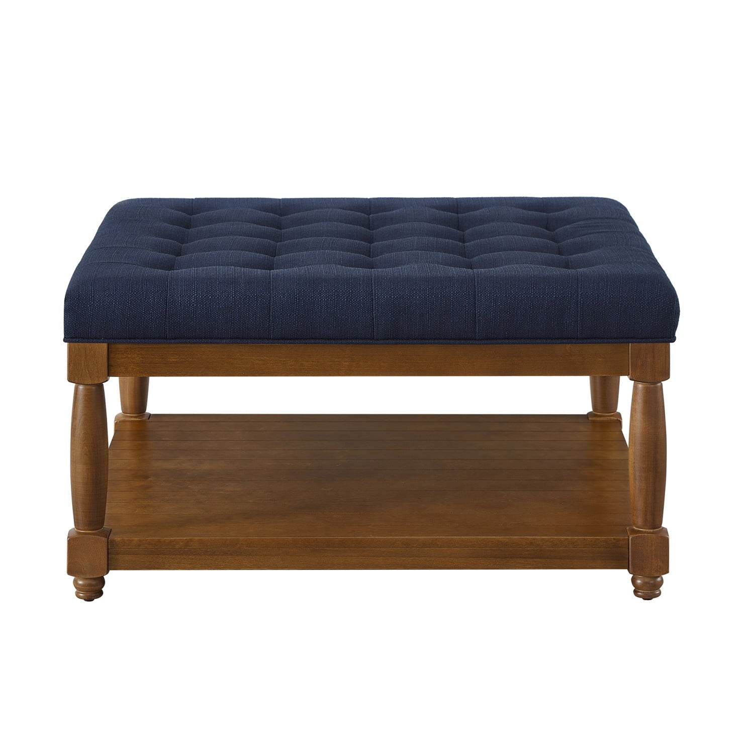 Large Square Tufted Linen Ottoman Coffee Table, Upholstered Footrest with Solid Wood Storage Shelf, Navy Blue Living Room Center Table