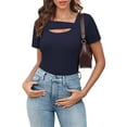 thumbnail image 4 of RYRJJ Womens Summer Tops Casual Short Sleeve Slim Fitted Y2K Shirts Ribbed Knit Cutout Blouse Top(Dark Blue,XL), 4 of 8