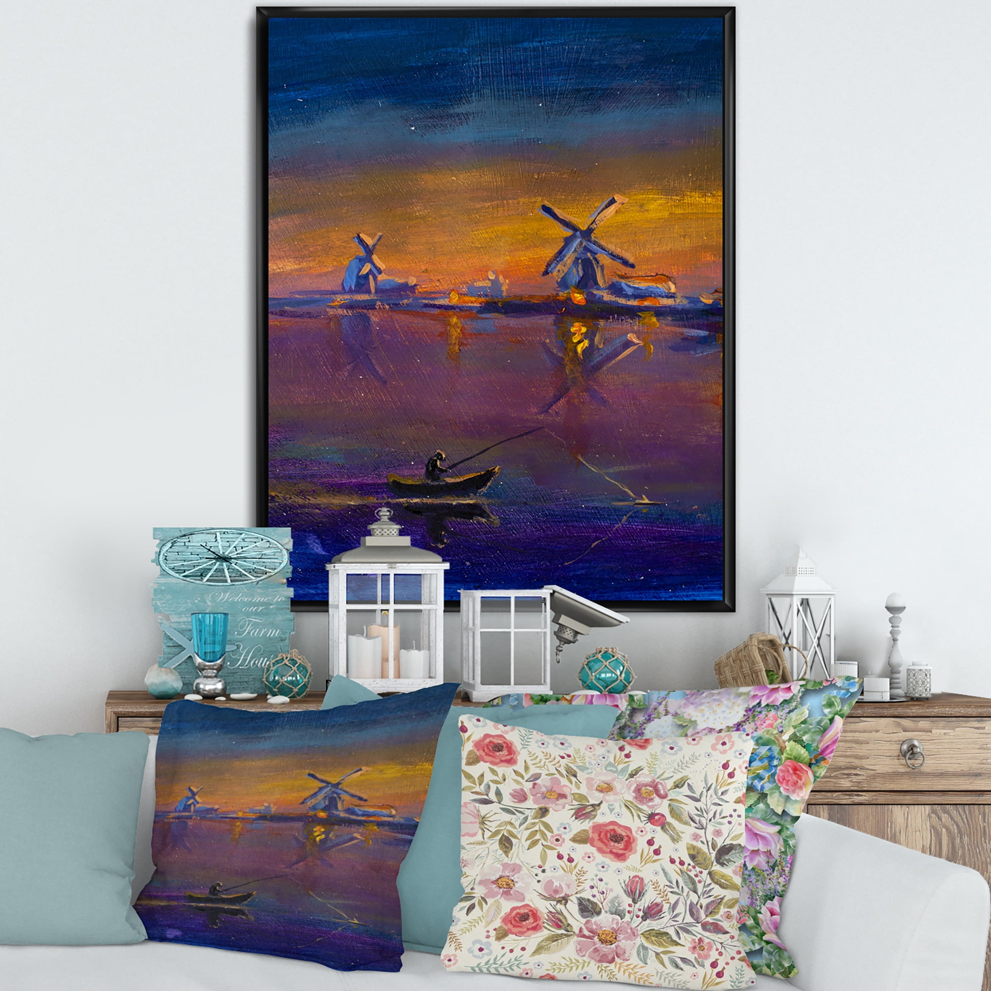 Designart 'Evening Fishing Near The Traditional Windmill' Nautical & Coastal Framed Canvas Wall Art Print