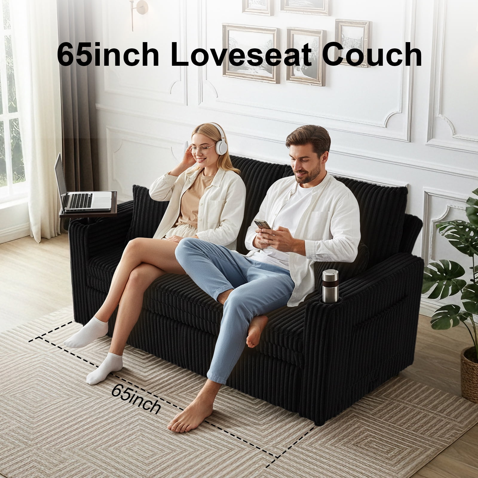 Aisword 3 in 1 Convertible Sofa Bed, 65” Sleeper Sofa with Pull Out Couch Bed, Corduroy Loveseat with 360° Swivel Side Table | USB Port | Adjustable Backrest for Living Room, Apartment (Black)