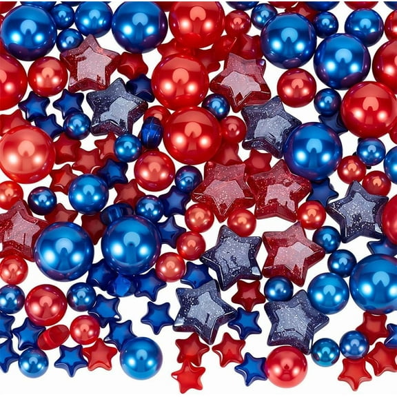 158Pcs Patriotic Star Vase Filler 4th of July Fish Decor Colorful Small Acrylic Stars Plastic Round Pearl Bead Ornaments for Vase Jar Bowl Fish Tanks Prop DIY Decoration