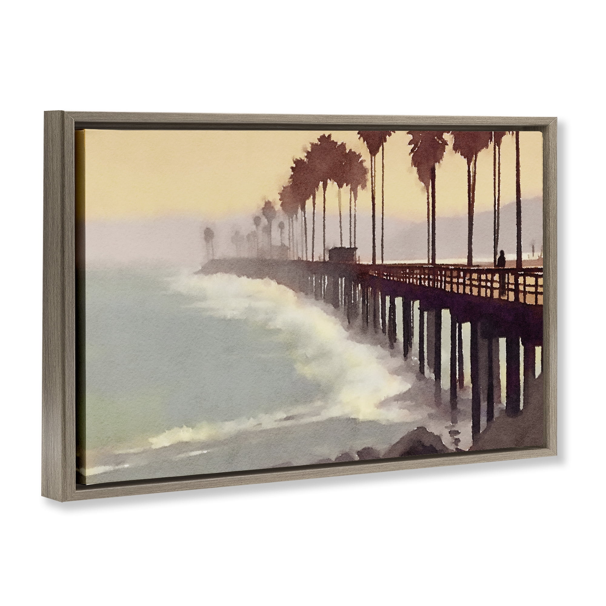 Stupell Industries Sunrise At The Pier Nautical & Beach Painting Brown Floater Framed Canvas Art Print Wall Art, 25 x 17