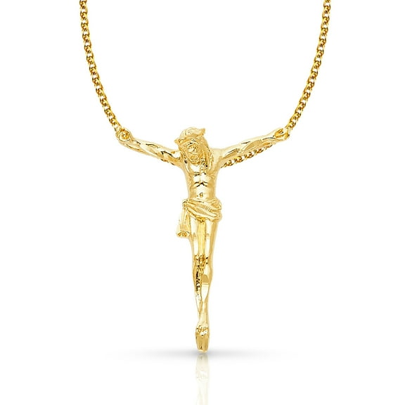14K Yellow Gold Jesus Christ Body Charm Pendant with 1.7mm Flat Open Wheat Chain Necklace - 20"