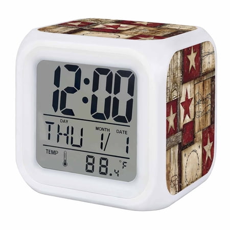 Texas Star Farm Digital Alarm Clock for Bedrooms, Smart LED Alarm Clock with 7 Color Changing Night Light, Country Wood Grain Vintage Western Silent Wake Up Clocks for Sleep Study Cooking 3.2x3.2