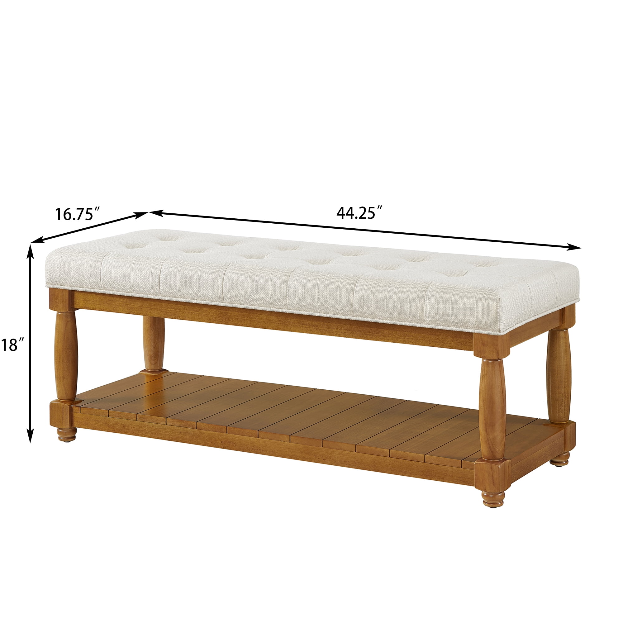 Upholstered Linen Bench with Storage Shelf - Tufted Ottoman Bench for Bedroom Entryway Living Room, Solid Wood Spindle Legs Accent Furniture