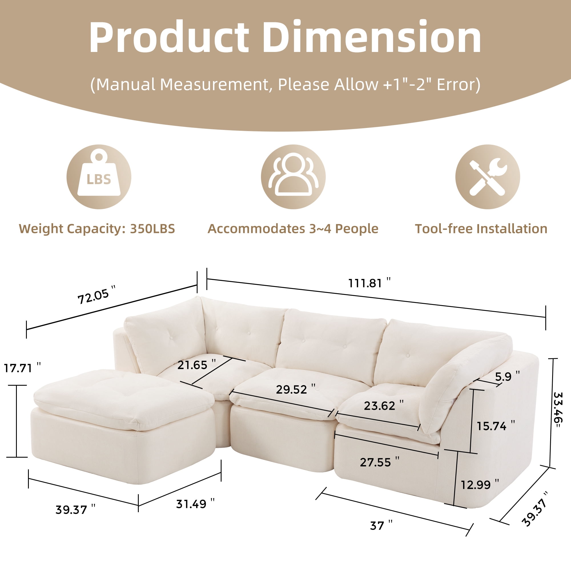 AISWORD Modular Sectional Sofa, Deep Seat Cloud Couch with Ottoman, 4-Seater Convertible L-Shaped Chenille Fabric Couch, Oversized Comfortable Frame-Free Set for Living Room, No Assembly, White