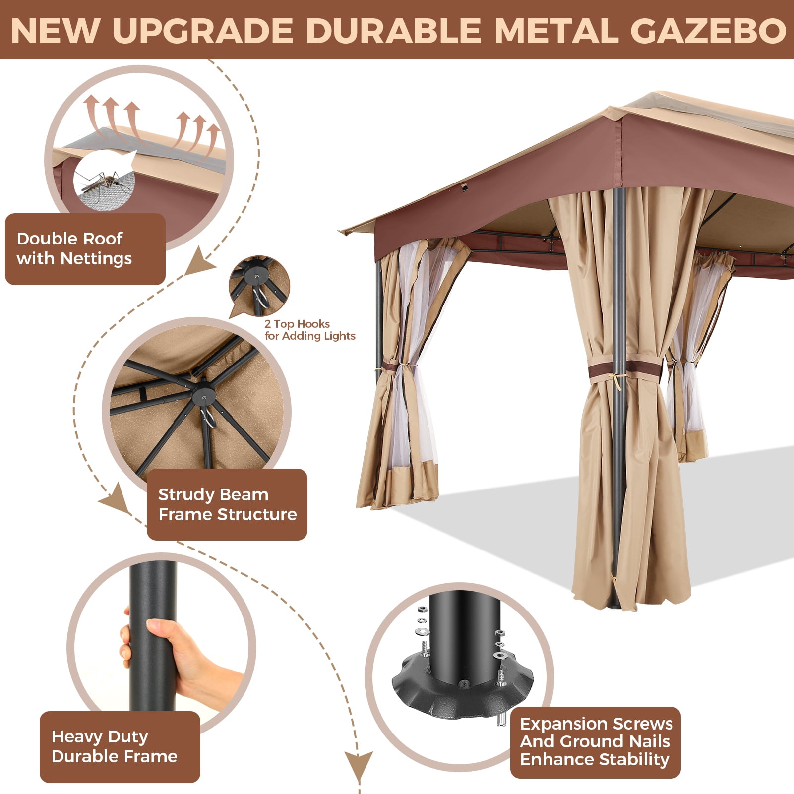HOTEEL Heavy Duty 12X20 Outdoor Patio Gazebo with Mosquito Netting Curtains,Double-Roof Canopy Tent Gazebo for Parties,Backyards,Gardens,Khaki