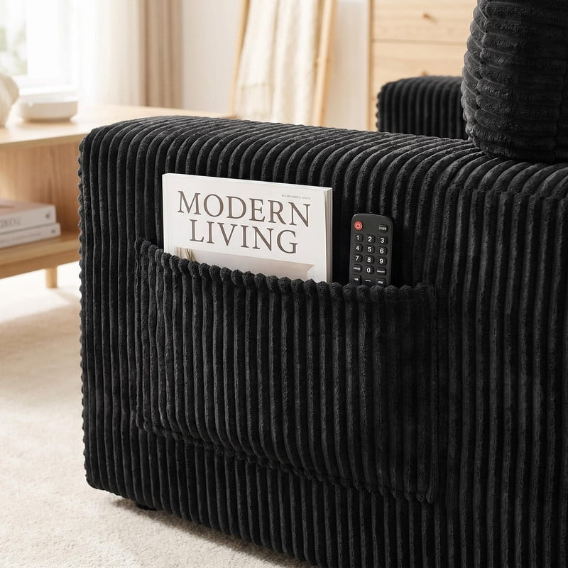 Compression Corduroy Floor Sofa No-Leg Couch, Loveseat with Built-in Cup Holders and Side Storage Pocket