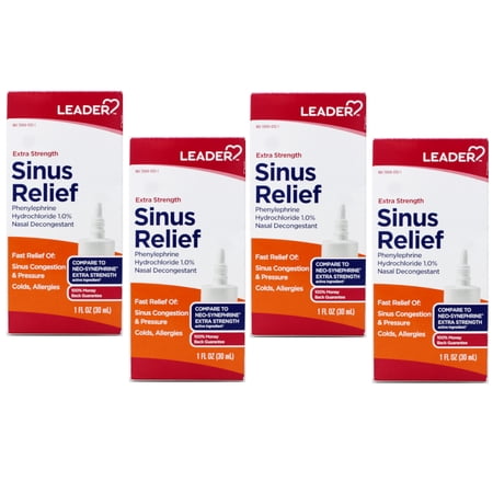 Leader Extra Strength Sinus Relief, Fast Acting, Sinus Decongestant, Nasal Congestion Relief Spray, Cold & Allergy 30 mL Bottle (Pack of 4)