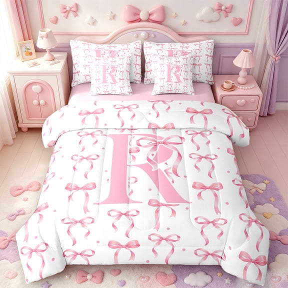 Manfei Pink Bowtie 7-Piece Twin Bedding,Initial Alphabet R Bedding Comforter Set,Pink Reversible