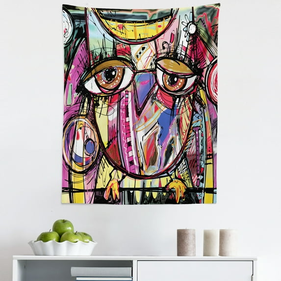 Abstract Tapestry, Digital Painting of a Modern Owl Sketch Animal Eyes Colorful Scribble Art, Fabric Wall Hanging Decor for Bedroom Living Room Dorm, 5 Sizes, Pink and Multicolor, by Ambesonne