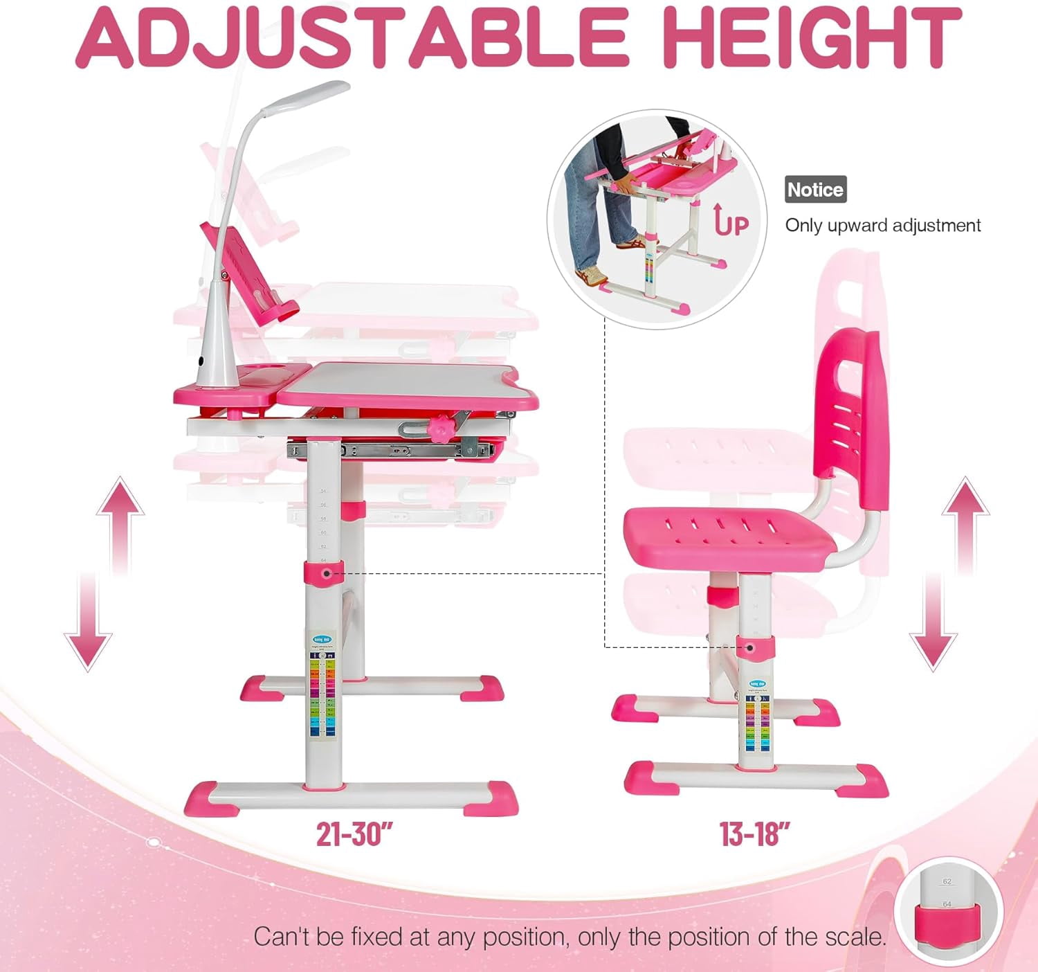 RedSwing Kids Desk and Chair Set, Height Adjustable Children Study Table Chair with Led Light, Bookstand, Portable Kids Desk with Tilted 0-60° Table Top for Girls Age 3-15,Pink