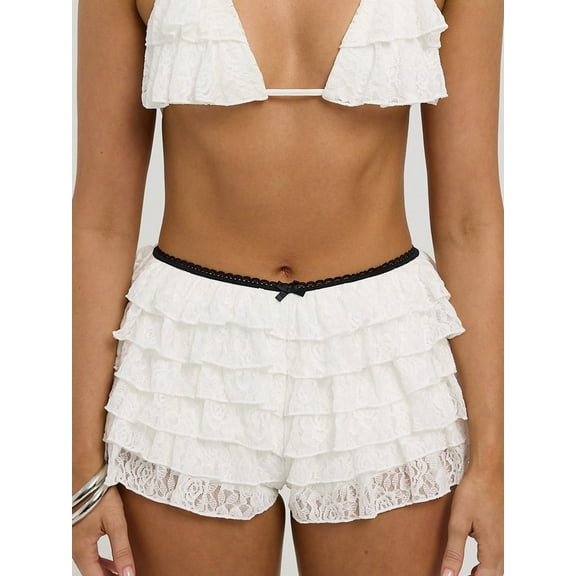 Rdhnmea Women Flower Lace Shorts Elastic Waist Layered Ruffle Mini Cake Shorts
