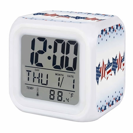 4th of July Digital Alarm Clock for Bedrooms,Smart LED Alarm Clock with 7 Color Changing Night Light,American Star Blue Ombre Independence Day Silent Wake Up Clocks for Sleep Study Cooking 3.2x3.2