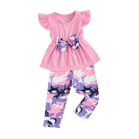 

Bslissey Toddler Baby Girls Summer 2Pcs Outfits Fly Sleeve Bow Ribbed Tops + Elastic Waist Camouflage Print Trousers 6M 9M 12M 18M 24M 3T Infant Casual Long Pants Sets