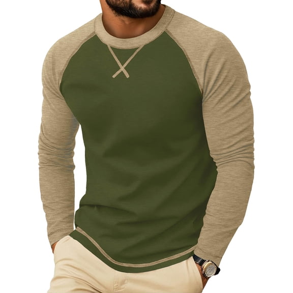 WIZUTIZ Men's Long Sleeve T-Shirt Color Block Raglan Sleeve Pullover Round Neck Stretchy Casual Top Polyester Viscose Spandex for Daily Outdoor Sports Wear Mens Fashion