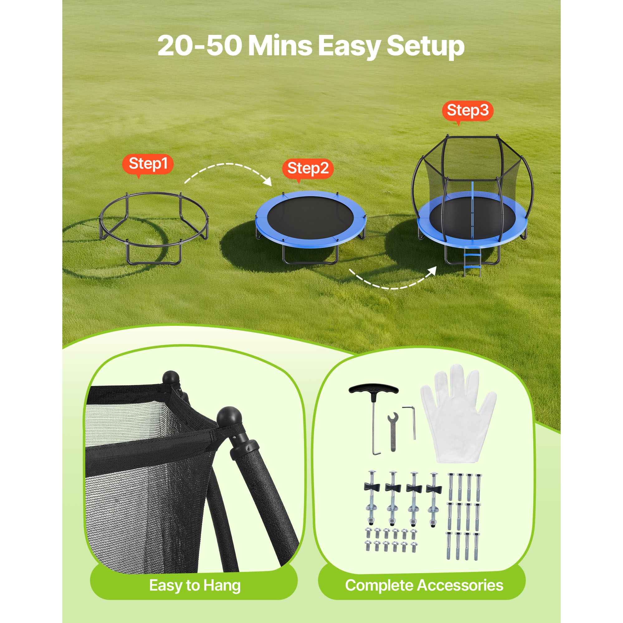 KFFKFF 8FT Outdoor Recreational Trampoline with Safety Enclosure, Durable Frame, Thick Padding, 265 lbs Weight Limit, Rust-Resistant Design for Backyard Fun for Kids and Adults