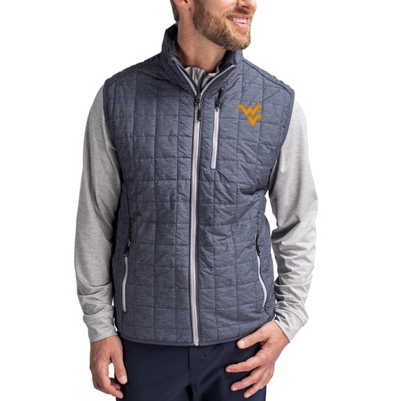 Men's-Cutter & Buck Anthracite West Virginia Mountaineers Rainier Eco Insulated PrimaLoft Full-Zip Puffer Vest
