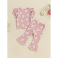 thumbnail image 4 of Suealasg Toddler Girls 2Pcs Summer Clothes 6M 1T 2T 3T 4T 5T Kids Little Girls Casual Outfits Short Sleeve Ruffle Floral Tops Flared Pants Sets, 4 of 7