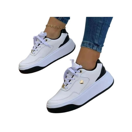 

Lacyhop Ladies Walking Shoe Lace Up Sneakers Sport Trainers Gym Non-Slip Flats Lightweight Platform White Black 8