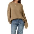 thumbnail image 3 of Women 2-Way Wear Crew Neck Hollow Cable Knit Oversized Long Sleeve Off Shoulder Pullover Sweater Khaki L, 3 of 10