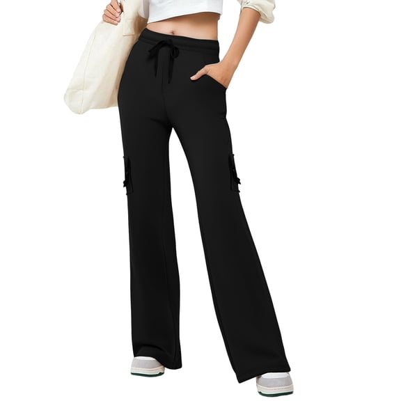FUNUONY Cargo Legging for Women Workout Leggings with Pockets Hidden Scrunch High Waisted Cargo Gym Yoga Seamless Wide Leg Leggings Button Side Pocket Elastic Waistband Yoga Pants Black L