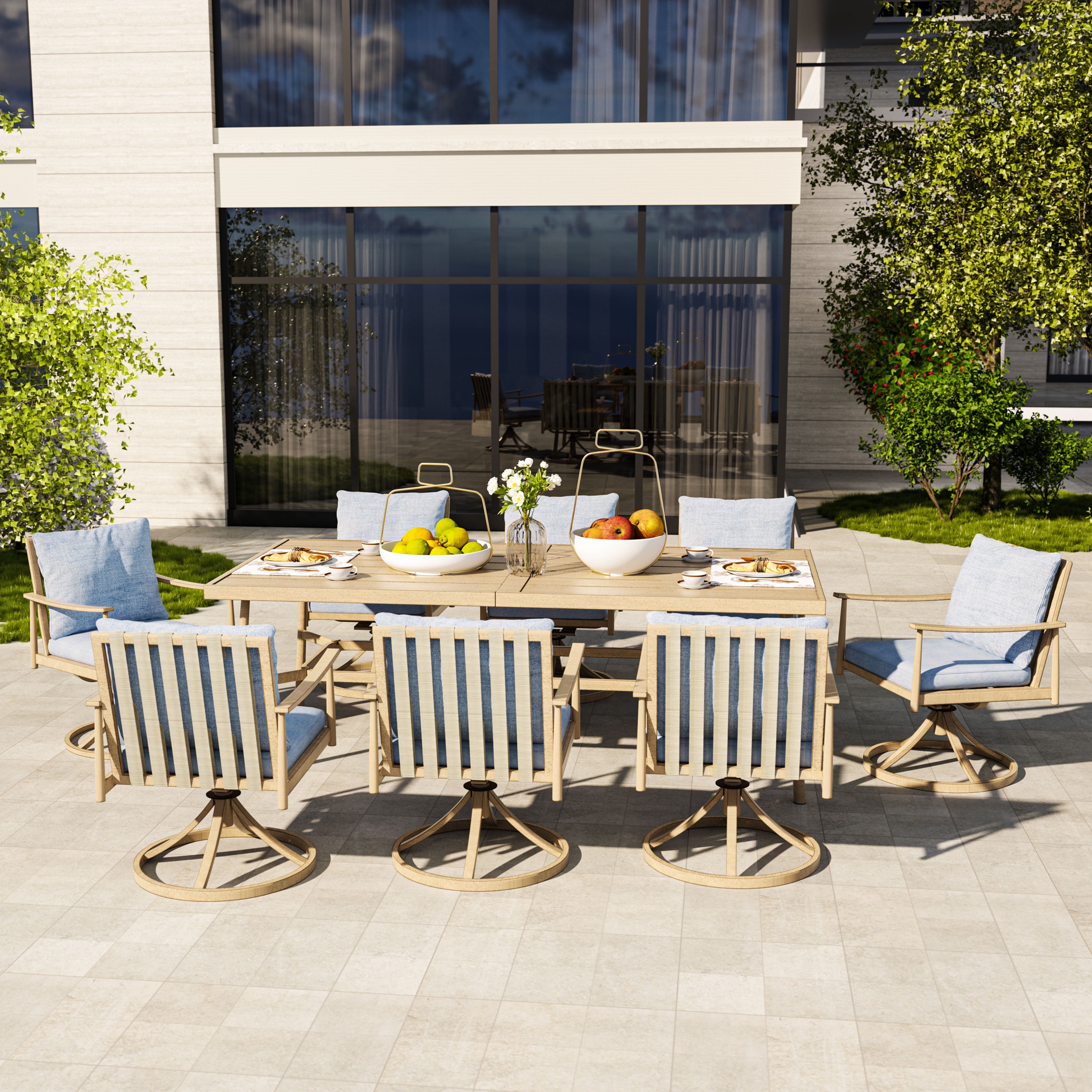 HAPPATIO 9-Piece Patio Dining Set for 8, Aluminum Outdoor Dining Set with Cushions, 8 Swivel Dining Chairs, 1 Large Rectangular Table with Umbrella Hole for Lawn, Porch, Backyard, Brown
