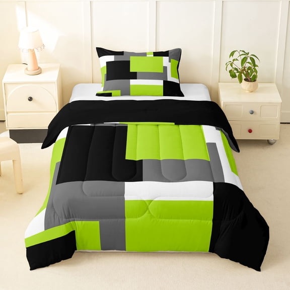 Homewish Green Geometric Square Twin Comforter Sets,Modern Abstract Bedding Set,Black Reversible,2pcs,1 Comforter and 1 Pillowcase