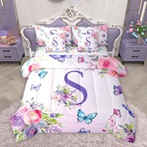 Homewish Purple Initial S Letter Twin Bedding Sets 7-Piece, Watercolor Rose Floral Bedding Comforter Set, Kawaii Dreamy Butterfly Reversible Sheet Sets, Luxury Bedroom Decor