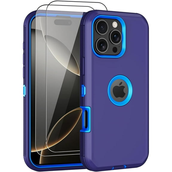for iPhone 16 Pro Case, with 2 Screen Protector Heavy Duty Drop Protection, Full Body 3 Layer Rugged Shockproof Dust-Proof Protective Phone Cover for Apple iPhone 16 Pro (Blue)
