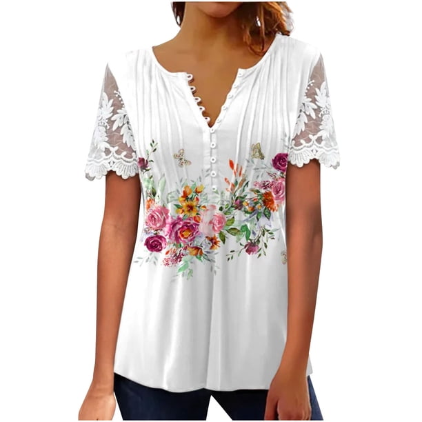 Camisetas con estampado floral y cuello en V para mujer Blusas femeninas cómodas de encaje a la moda Tops OAVQHLG3B Store lin121212